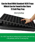 Hand holding 72 cell plug tray over 10 Pack 1020 Seed Tray Set With Extra Thick Heavy Duty No Holes No Leak Reusable Propagation Flats