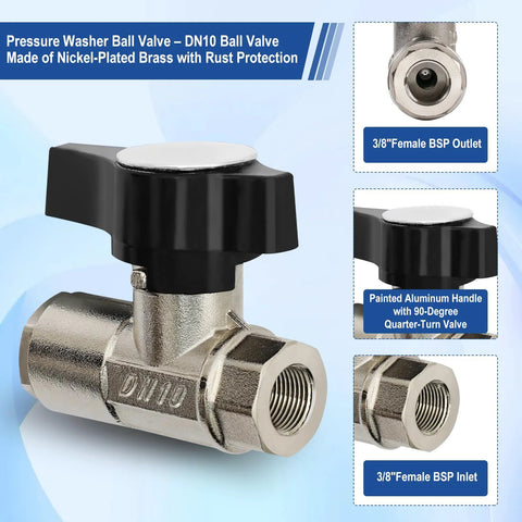 Front view: pressure washer ball valve, DN10, nickel-plated brass body, 3/8-in BSP inlet/outlet, black handle