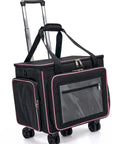 Black rolling teacher tote bag with five wheels, detachable trolley, clear PVC ID window, and various compartments for school use.