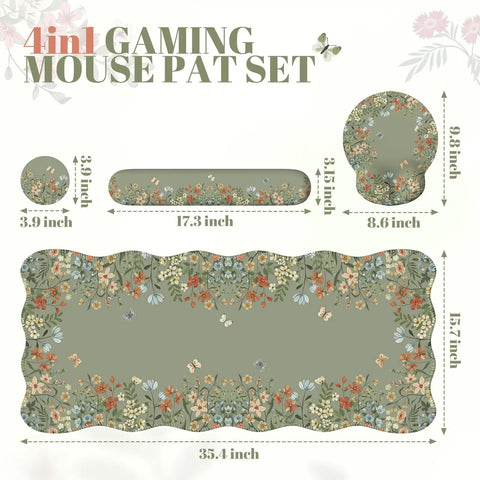 Large Desk Mat With Wrist Rest For Home Office And Gaming, Non Slip Floral Mouse Pad With Scalloped Edges, Ergonomic Keyboard Wrist Support