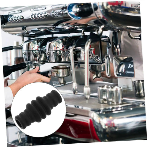 Heat Resistant Steam Wand Guard Sleeve for Espresso Machines shown near a coffee maker with close-up of the silicone sleeve.