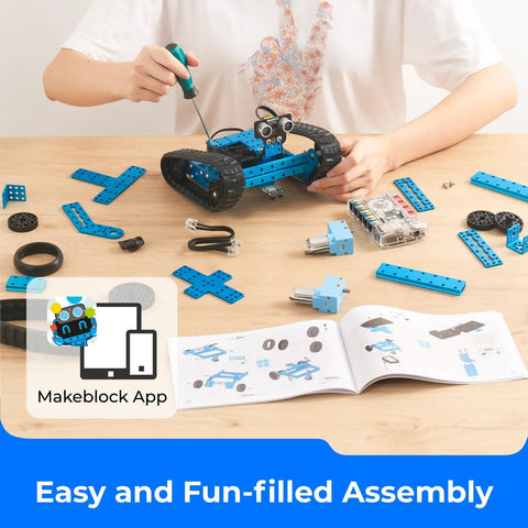 Ranger 3 In 1 Coding Robot Kit For Kids 10 Plus Bluetooth Edition Build Land Raider Tank Nervous Bird And Dashing Raptor Arduino Scratch Learning 16 Coding Projects STEM Kit The Epic Gift assembled tank robot with Makeblock app
