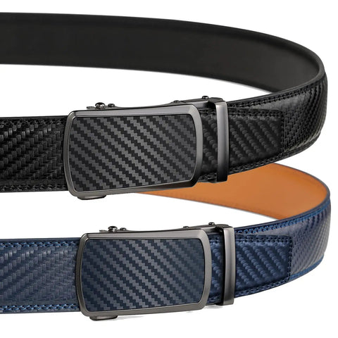 Two Pack Leather Ratchet Belt For Men In Gift Set Box Adjustable 28 To 42 Inch Waist Auto Lock Sliding Buckle Easy Release TXW Black Blue Durable Modern Belt For Everyday Wear