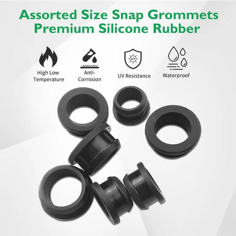 Assorted silicone grommets showing high-temp, anti-corrosion, UV, waterproof features with focus on Half Inch Drill Hole Silicone Top Hat Grommets For Wiring And Automotive Firewall Holes Three Eighths Inch ID 0.67 Inch OD 2mm Thick 10 Pack Cable Protector Gasket Seal Ring For Tubing Hydroponics And Irrigation