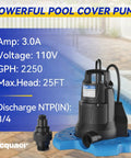 Automatic 1/4 HP Pool Cover Pump With 2250 GPH Submersible Sump Pump No Fuss 3/4 Inch Check Valve Adapter 25 Foot Power Cord Water Removal For Pools Hot Tubs Rooftops Water Beds And More, displayed on a blue base next to a pool.