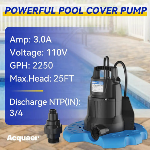 Automatic 1/4 HP Pool Cover Pump With 2250 GPH Submersible Sump Pump No Fuss 3/4 Inch Check Valve Adapter 25 Foot Power Cord Water Removal For Pools Hot Tubs Rooftops Water Beds And More, displayed on a blue base next to a pool.