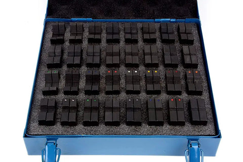 Open blue case with TH0415 32 pair die set for hydraulic cable lug crimpers, showing 32 true HEX crimp forming dies in foam insert.