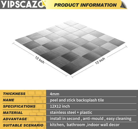 Copper Peel and Stick Backsplash Tiles, 10 Sheet Mosaic, Metal Look Kitchen Backsplash shown in 12x12 inch stainless steel tiles