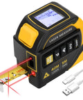 4 In 1 Laser Tape Measure With Level And Crosshairs, 130 Ft Laser Range And 16 Ft AutoLock Tape, Large LCD Display, Measures Area, Volume, Pythagorean And Cosine With Crosshair Precision For Quick DIY And Home Projects, angled view with 16 ft tape extended
