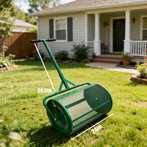 24 Inch Rugged Compost Spreader Roller For Lawn Care With Adjustable T Handle And Steel Mesh Roller in garden