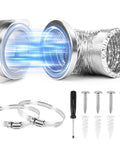 Magnetic dryer vent coupling with 4-inch metal duct; includes two hose clamps, five screws, and screwdriver