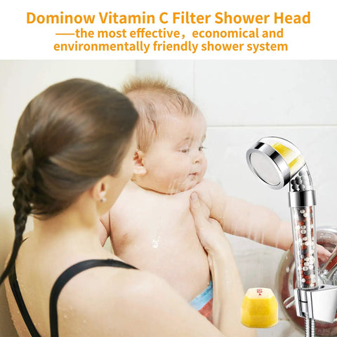 Mother bathing baby with Shower Head With Handheld Filtration For Hard Water And Dry Skin, Vitamin C Filter visible