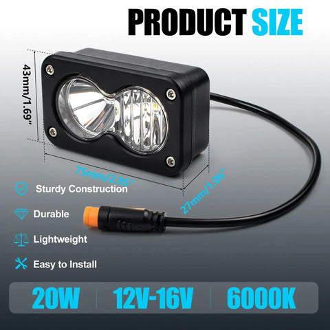 LED Headlight For Ridstar Q20 Ebike with 3 Pin 20W 6500K, 12V-60V waterproof plug and play design shown in product dimensions.