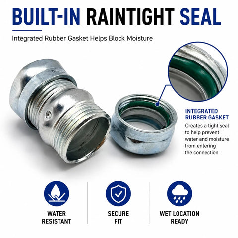 Heavy Duty 1/2 Inch EMT Compression Coupling Raintight Electrical Conduit Connector with integrated rubber gasket for moisture control.