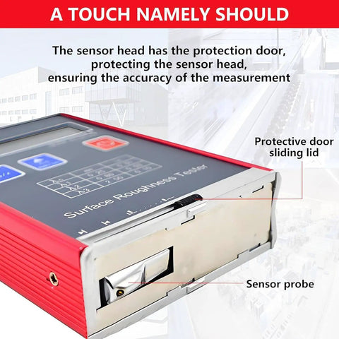 Portable Surface Roughness Tester Pro Grade Profilometer with LED display, showing protective door and sensor probe.