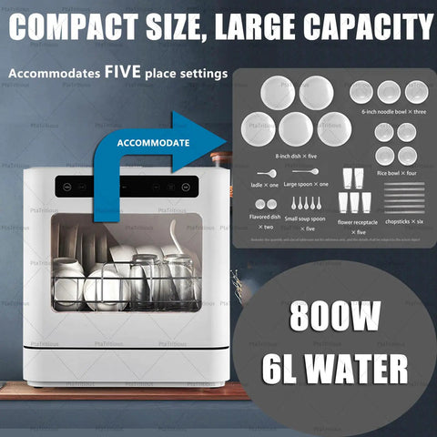 Heavy Duty Countertop Dishwasher Boasting 360 Degree Spin Spray With Four Straight Up Cleaning Modes Including Eco Intensive Quick Cycle And Fruit Veg Wash For Easy Kitchen Cleanup with five place settings and 6L tank.