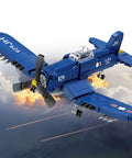 WW2 Military Airplane Building Kit Featuring F4U Corsair Fighter Jet Model flying with spin propeller and extend landing gear.