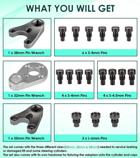 Trim Tilt Pin Wrench Set MT0004 MT0006 MT0009 For Yamaha Suzuki Johnson Evinrude Honda Outboards And Seastar Hydraulic End Caps, showing wrenches and pin sizes.