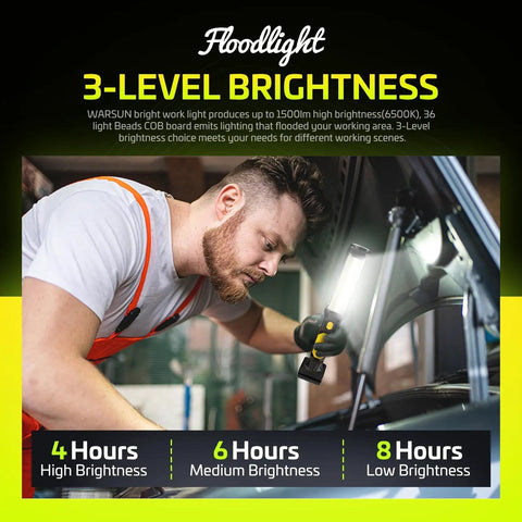 Man using Two Pack Rechargeable 1500 Lumen COB LED Work Light With Magnetic Base And Hook Hands Free Trouble Light IPX4 Waterproof