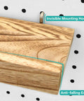 Close-up of wooden Pegboard Shelves with Lip for 14 by 4 inch peg boards, featuring invisible mounting hooks.