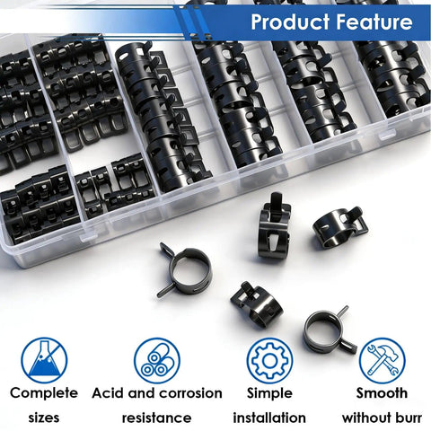 Eight Size Spring Hose Clamp Kit 7 To 18mm in color-coded box, close-up of constant tension band clamps for fuel and air hoses.