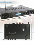 Top and side view of Bluetooth Home Theater Receiver With 200W 5 Channels Sub Out Karaoke Ready Dual Mic Wireless Streaming USB SD MP3 Player RCA Input FM Radio LCD Display PDA7BU with dimensions.