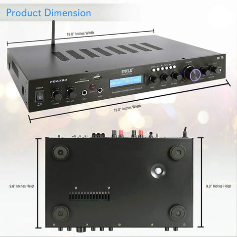 Top and side view of Bluetooth Home Theater Receiver With 200W 5 Channels Sub Out Karaoke Ready Dual Mic Wireless Streaming USB SD MP3 Player RCA Input FM Radio LCD Display PDA7BU with dimensions.