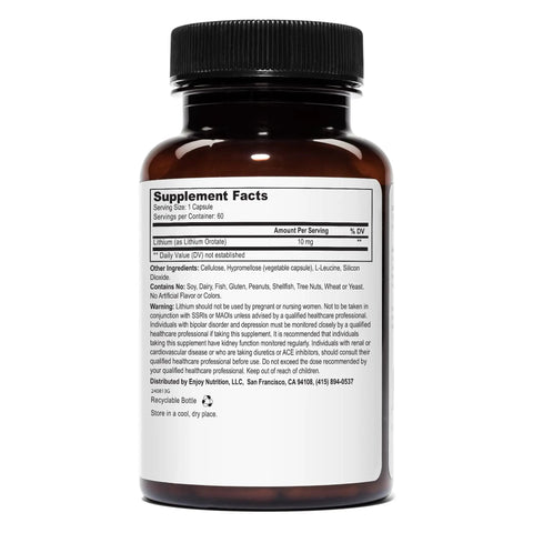 Back label of Lithium Orotate Supplement With 10mg Elemental Lithium Per Capsule, 60 Vegetarian Capsules Per Bottle