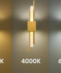 NICRX 2 Pieces Modern Gold LED Wall Sconce, Geometric Metal and Acrylic Vertical Wall Lamp showing light tones 3000K, 4000K, 6000K.