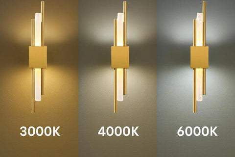 NICRX 2 Pieces Modern Gold LED Wall Sconce, Geometric Metal and Acrylic Vertical Wall Lamp showing light tones 3000K, 4000K, 6000K.