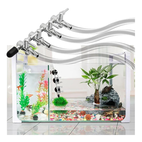 Built Like A Tank Premium Two Pack Four Way Aquarium Air Pump Splitter Valve For Fish Tanks Smooth Airflow Control Manifold shown on a fish tank.