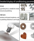 Detailed display of sandblasting parameters with images of metal parts, grinding force, and polishing edges using blasting media.