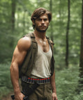 Man wearing Black Tactical Ammo Sling For Shotgun And Rifle, Adjustable Shell Belt That Holds 15 Rounds, in forest setting.