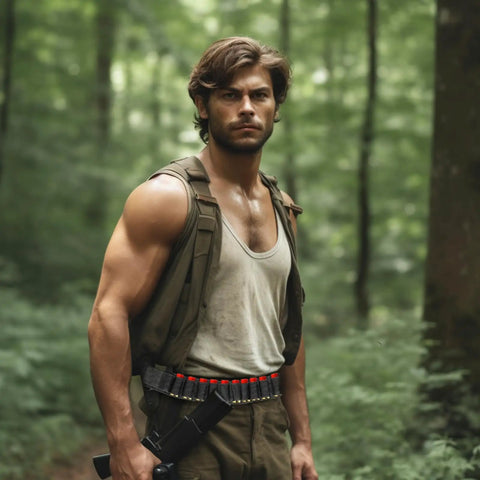 Man wearing Black Tactical Ammo Sling For Shotgun And Rifle, Adjustable Shell Belt That Holds 15 Rounds, in forest setting.