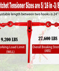 Heavy Duty 5/16-3/8 Inch Chain Binders Set Of 2 With 5/16 X 10 Ft Chains, Grade 70 Load Transport Bindings And Chains, Grappling Hook