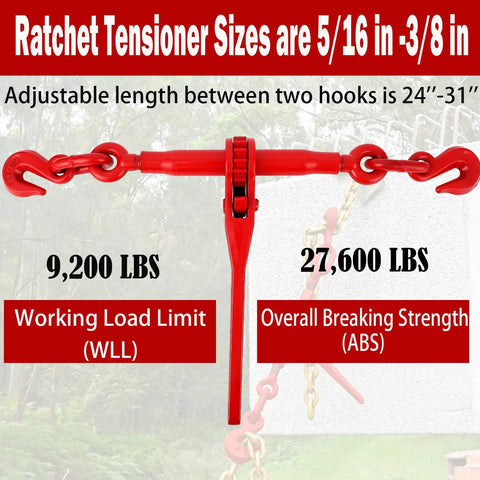 Heavy Duty 5/16-3/8 Inch Chain Binders Set Of 2 With 5/16 X 10 Ft Chains, Grade 70 Load Transport Bindings And Chains, Grappling Hook