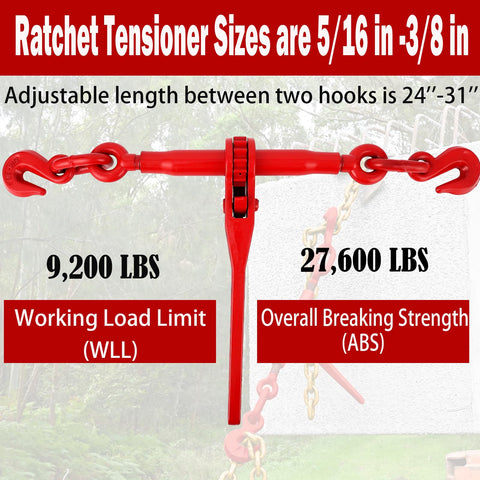 Rugged Tough As Nails Transport Binder Chain 5/16-3/8 Inch Heavy Duty Chains image showing tensioner specs and hook details.