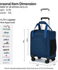 Underseat Carry On Luggage With Wheels Lightweight 30L Softside 16 Inch Spinner Suitcase Airline Approved Personal Item Overnight Bag For Women And Men Blue Jet Set Ready Travel Must Have shown with dimensions and weight details.