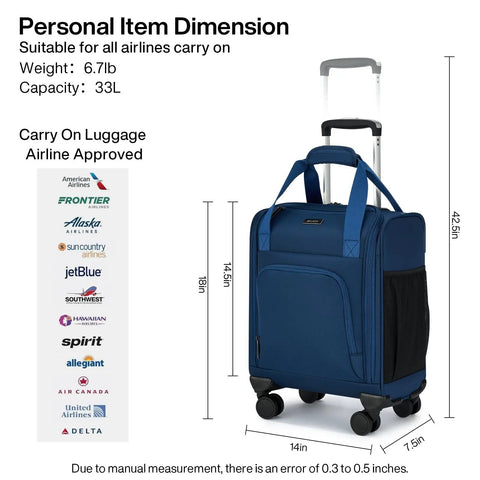Underseat Carry On Luggage With Wheels Lightweight 30L Softside 16 Inch Spinner Suitcase Airline Approved Personal Item Overnight Bag For Women And Men Blue Jet Set Ready Travel Must Have shown with dimensions and weight details.