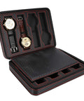 Solid Eight Grid Wristwatch Storage Box Built Tough With Heavy Duty Carbon Pu Leather And Adjustable Splitter Plate, open view with two watches.