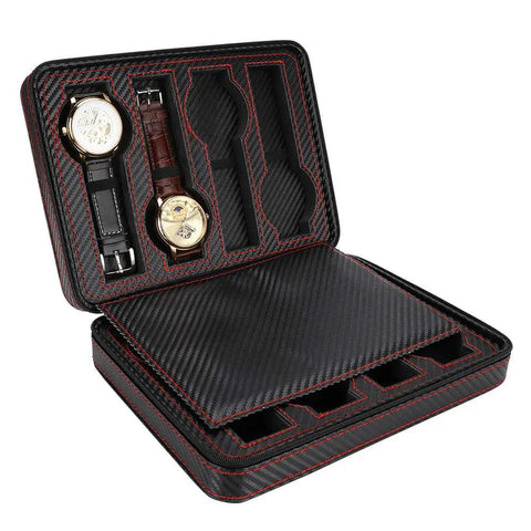 Premium Eight Grid Watch Display Tray With Genuine Leather Exterior And Heavy Duty Divider Plate For Smart Countertop Flex And Scratch Proof Setup To Keep Your Collection Locked In Style showing two watches in black and red organizer.