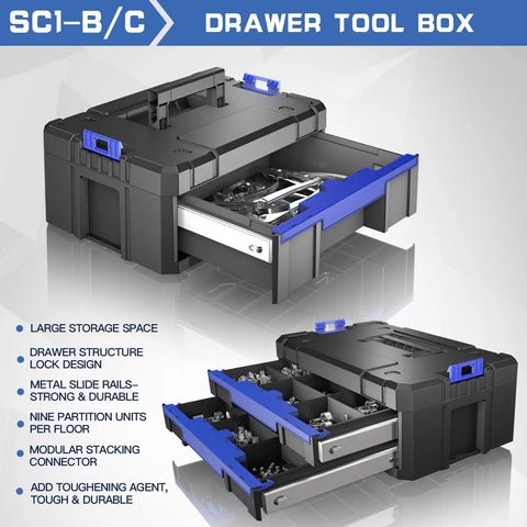 Five Tier Stackable Rolling Toolbox With Wheels And Drawers, Modular Tool Organizer For Garage And Home, Large Capacity