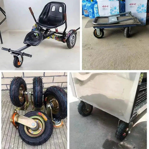 Heavy Duty 6 Inch Pneumatic Caster Wheels 4 Pack Swivel Casters shown on utility cart and go-kart for smooth handling.