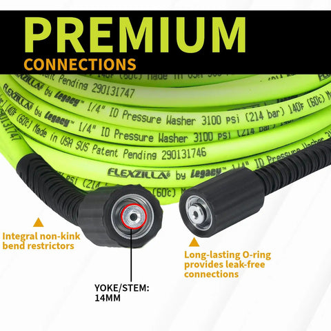 Pressure Washer Hose With M22 Fittings 1/4 In By 50 Ft Flexible Hybrid Polymer For Subzero Cold To 140 Degree F Heat ZillaGreen