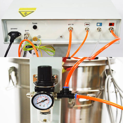 Jaryannix 110V Electrostatic Powder Coating Machine control panel with input connections for air and power.