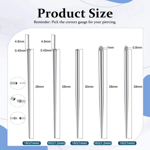 Pro Grade 18G 16G Piercing Taper Set Insertion Tool Stainless Steel Hypoallergenic Threader Kit showing sizes and types