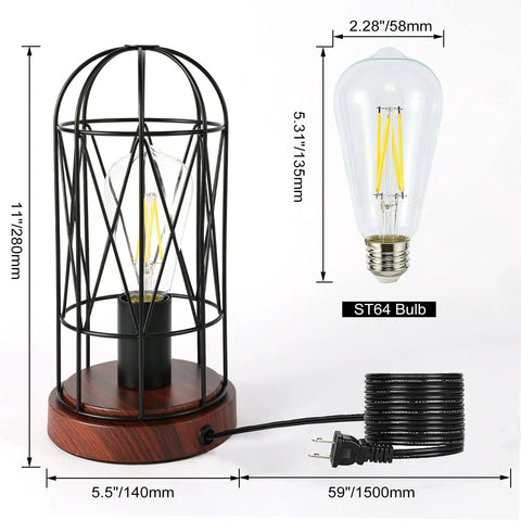 Industrial Table Lamp With Touch Control Edison Desk Lamp 3 Way Dimmable Vintage Bedside Light AC Outlet Metal Cage with bulb dimensions shown