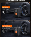 Cordless Tire Inflator Air Pump With 22 Cylinder Power 40 L Per Min 6X Faster Than Traditional 150 PSI Portable Air Compressor For Cars showing two power options.