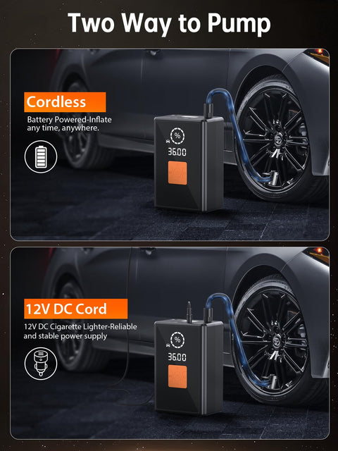 Cordless Tire Inflator Air Pump With 22 Cylinder Power 40 L Per Min 6X Faster Than Traditional 150 PSI Portable Air Compressor For Cars showing two power options.