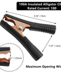 Beefy Insulated Alligator Clips Kit, 100 Amp, black rubber insulation, copper plated, measuring 3.54 x 1.57 inches.
